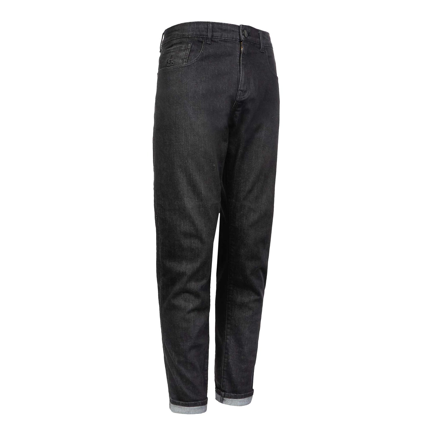 Side view of men’s black washed motorcycle jeans showing slim fit and discreet side-entry knee armour pocket for a clean, streamlined look.