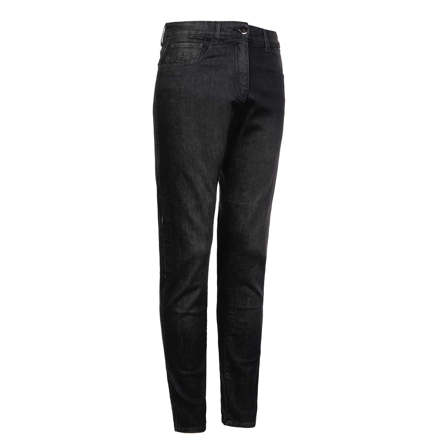Side view of women’s black washed motorcycle jeans showing sleek fit and invisible side-entry knee armour pocket designed for ladies.