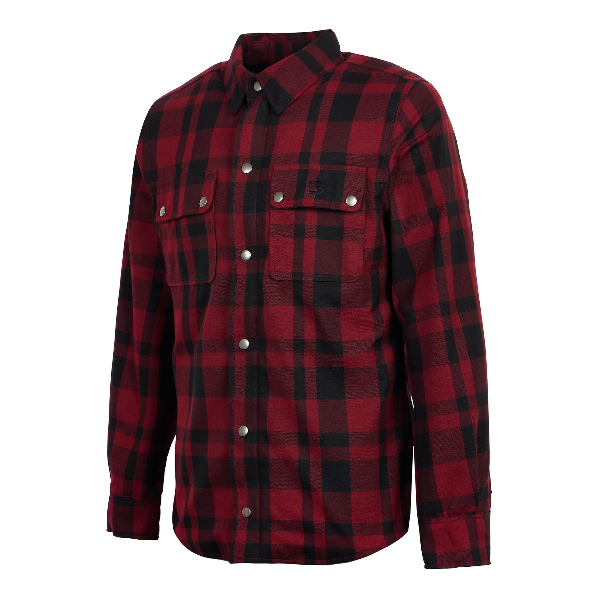 Side view of Ember black and red check motorbike shirt showing slim fit and concealed protective armour