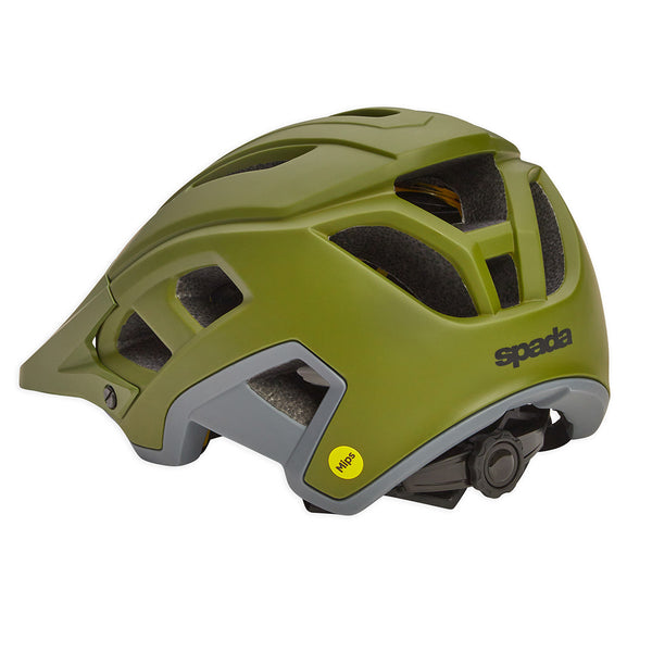 Green helmet with gray accents and 'spada' branding on a white background