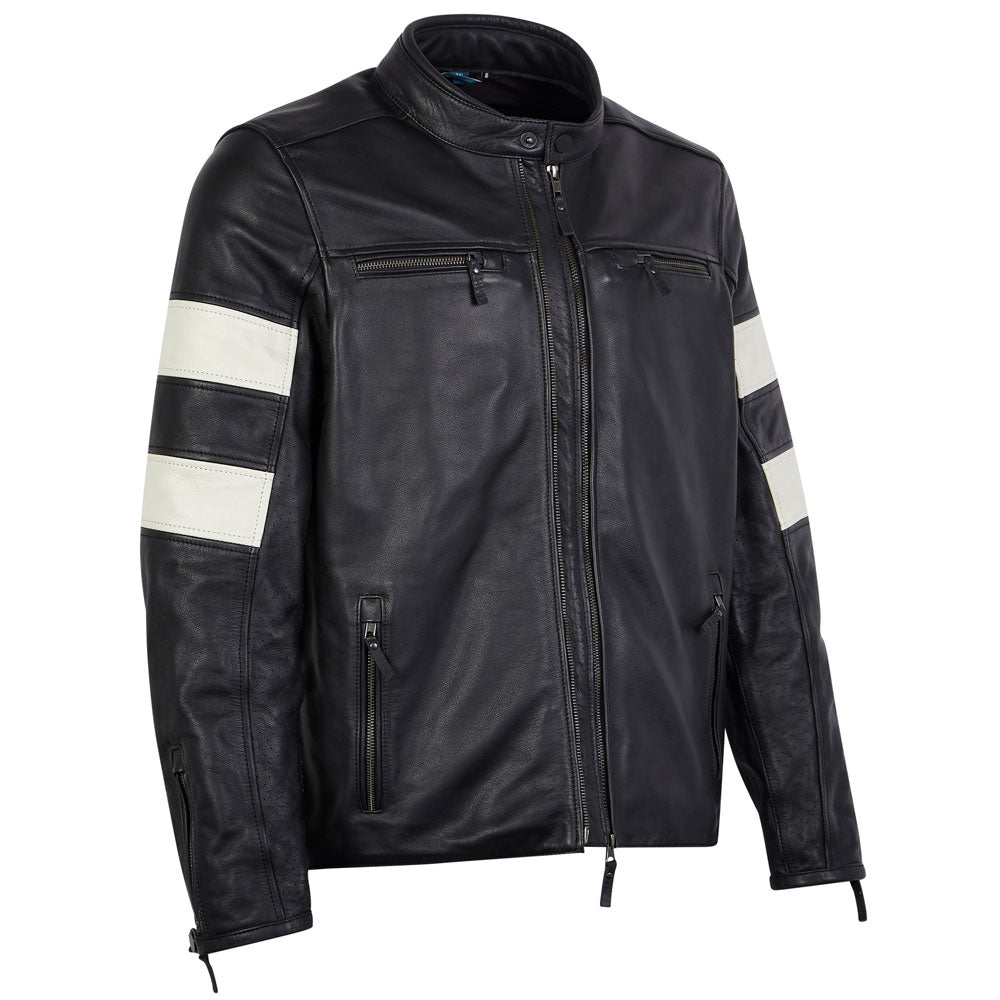 Side profile of Hanzo leather motorbike jacket – ivory upper sleeve panels and contoured fit for male riders