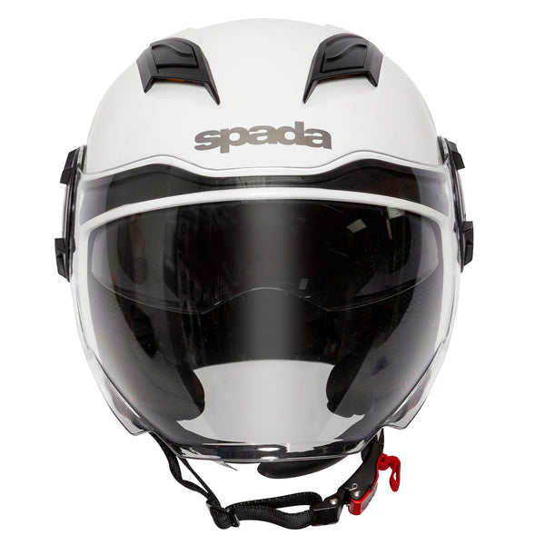front of white motorbike helmet with black vent and integrated sun visor