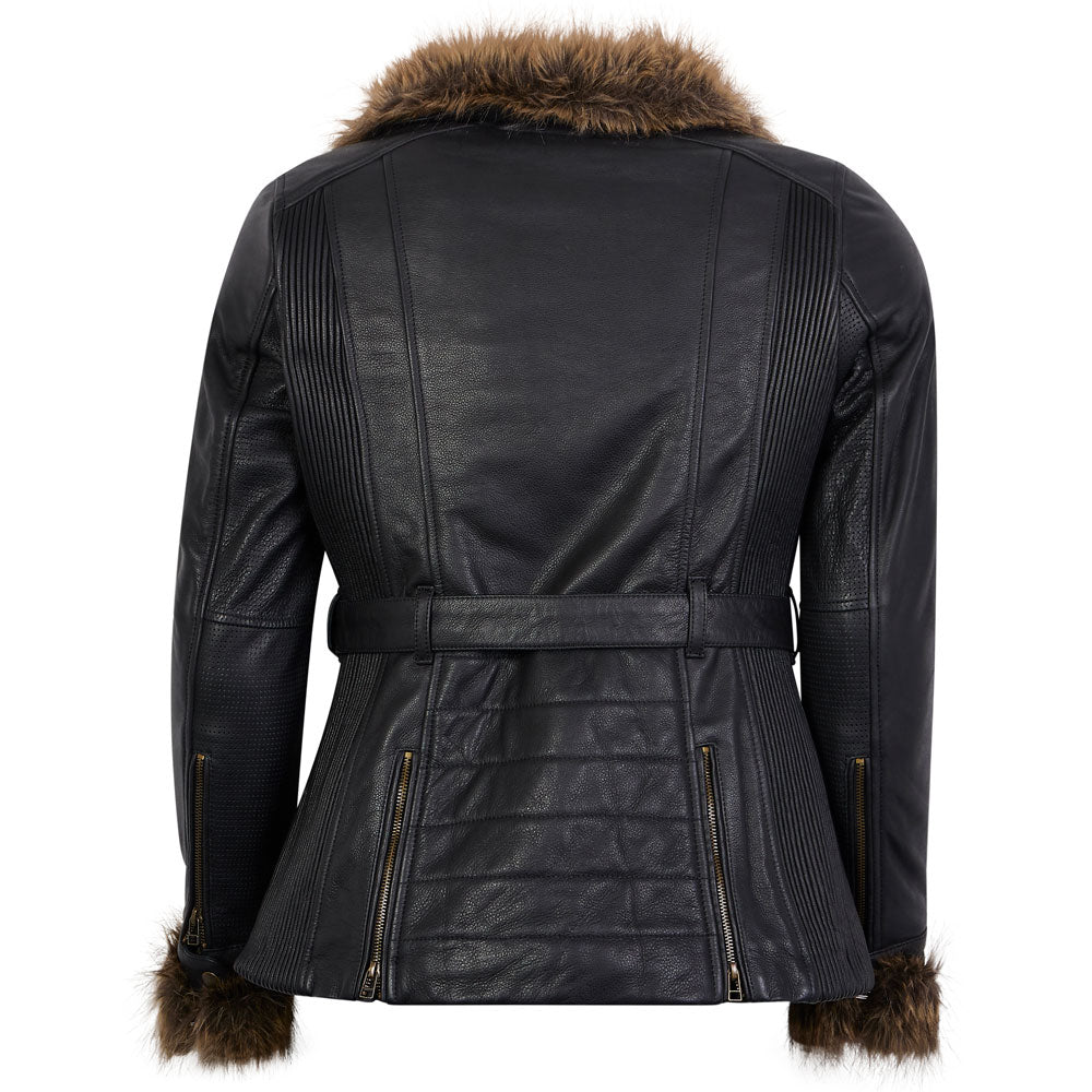 Back view of black leather ladies motorbike jacket with diamond quilted satin lining and removable belt, designed for female riders