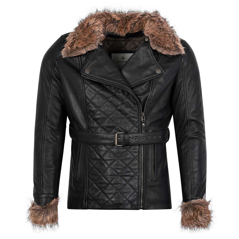 Front view of black female moto jacket leather motorcycle jacket with detachable faux fur collar and waist belt, stylish women’s biker jacket