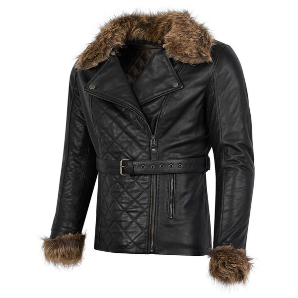 side view of black leather motorcycle jacket with detachable fur collar and waist belt for women