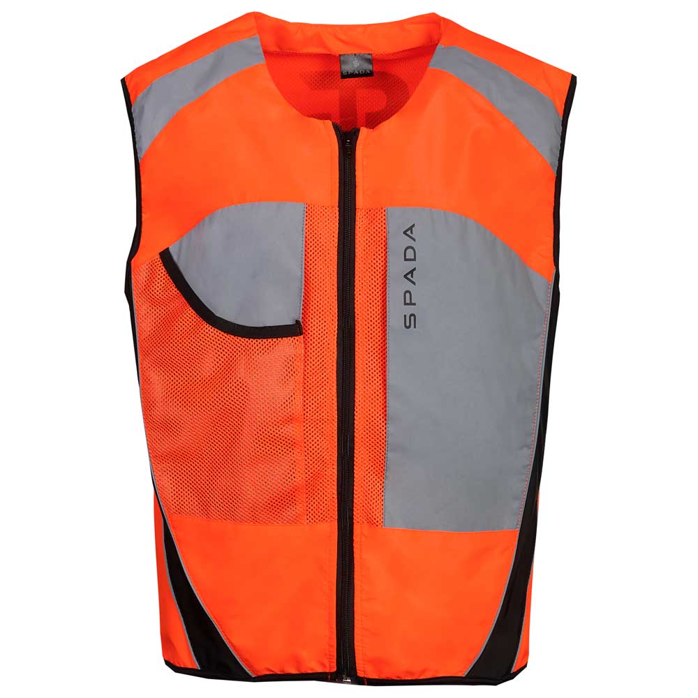 Orange and gray high-visibility fluorescent vest with reflective elements and pockets, branded with 'SPADA' on the chest.