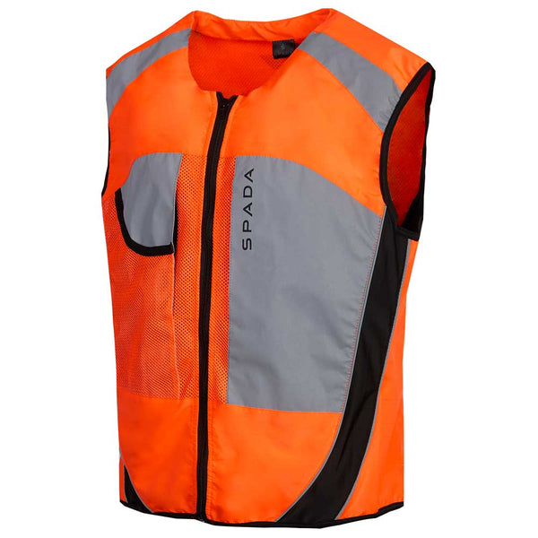 side view of orange and grey reflective high visibility vest