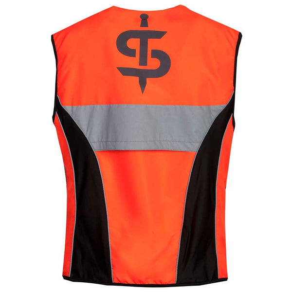 back of orange and grey reflective visibility vest with spada logo on back