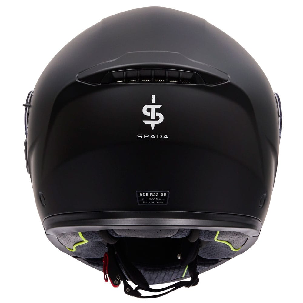 back of black flip up motorbike helmet with white spada logo