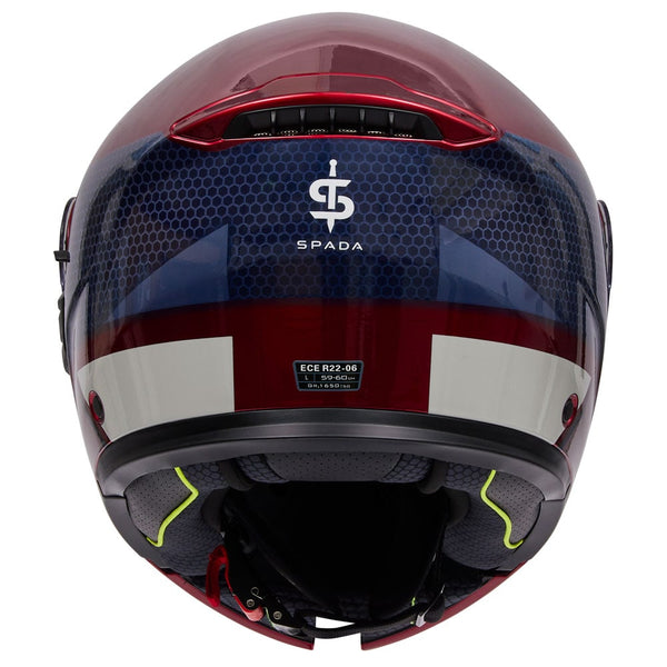 back of red flip up motorbike helmet with spada logo