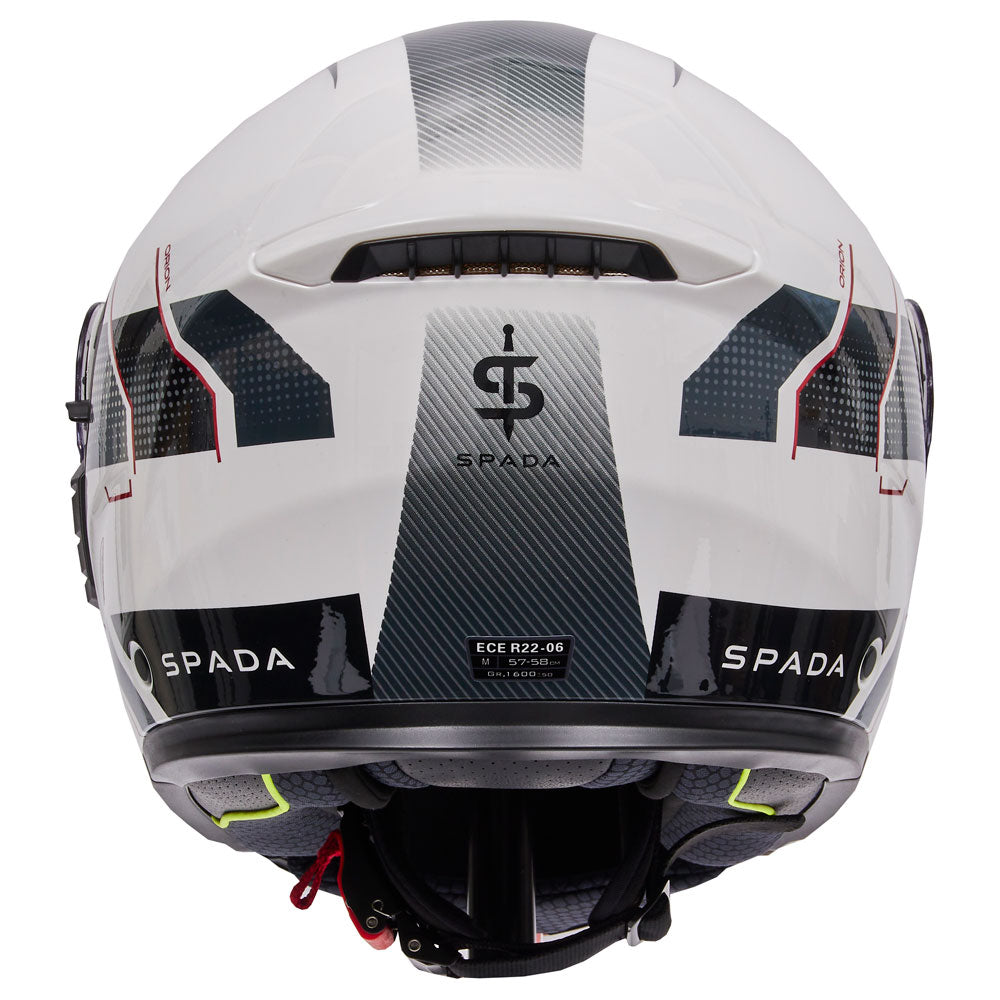 back of white and grey flip up motorbike helmet with spada black logo
