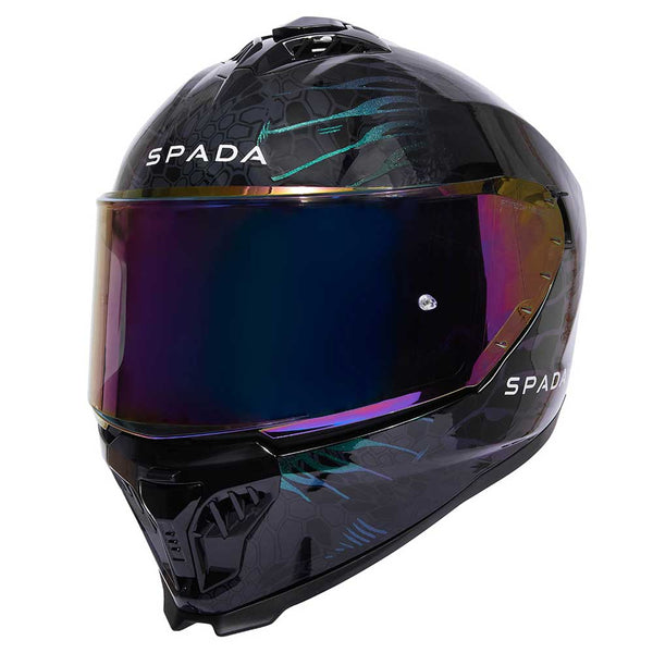 multi-coloured motorcycle helmet visor for bikers on a black and green motorbike helmet