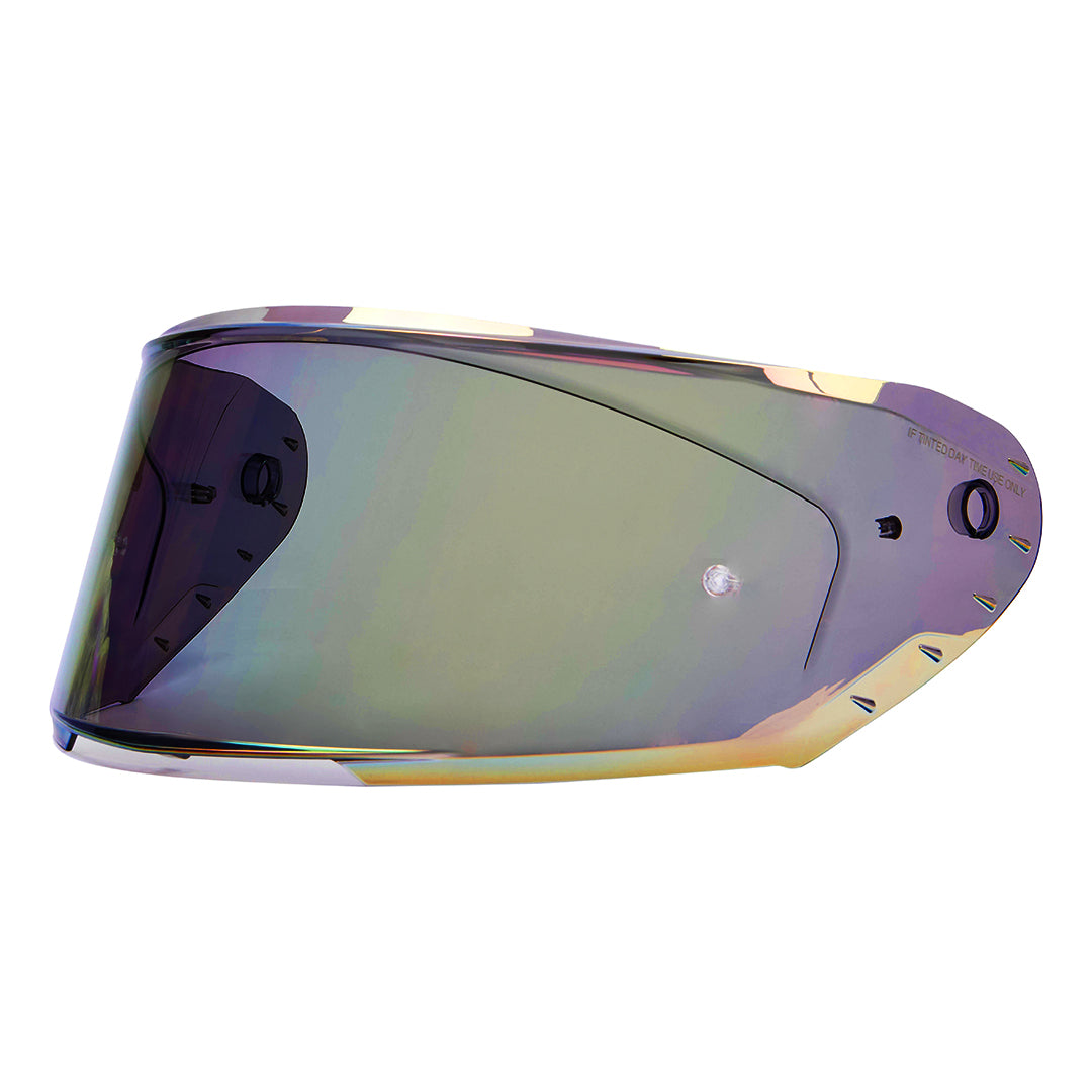 A red and silver motorcycle helmet visor with a shatterproof and anti-scratch coating.