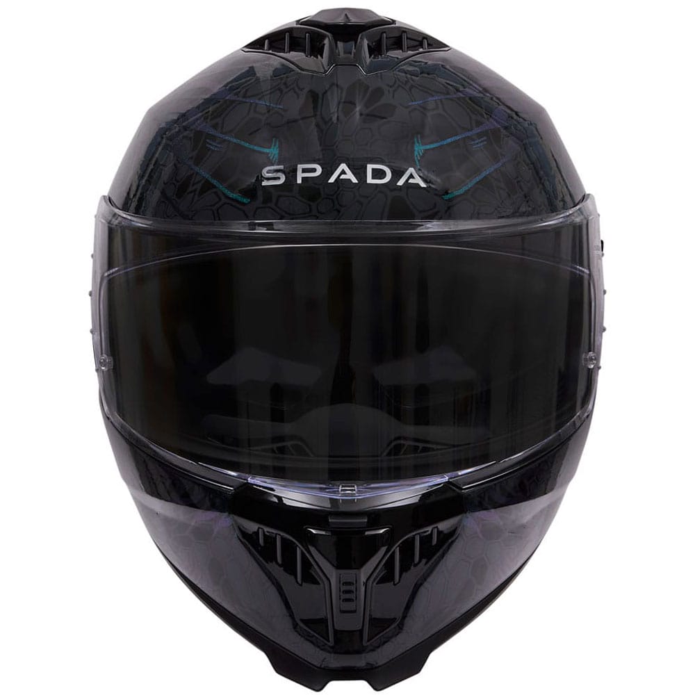 front of black with green design full face motorbike helmet with drop down visor