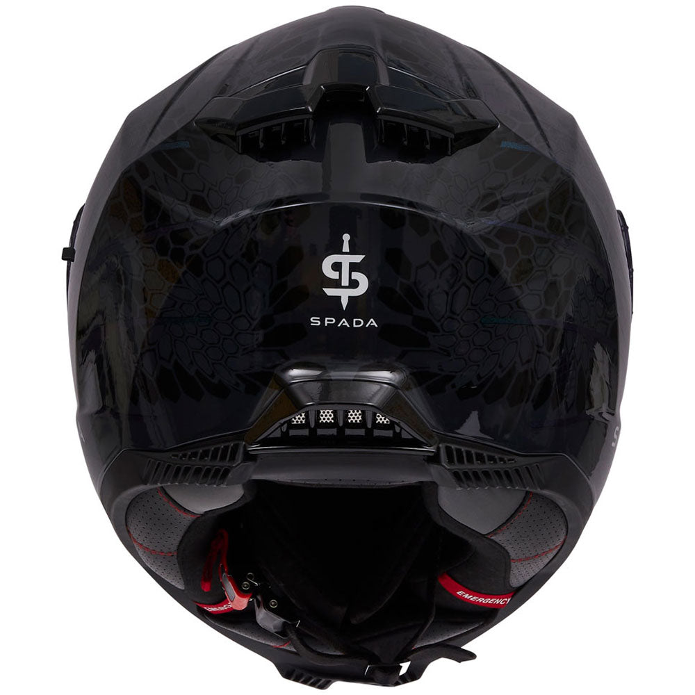 back of black with green design full face motorbike helmet with drop down visor