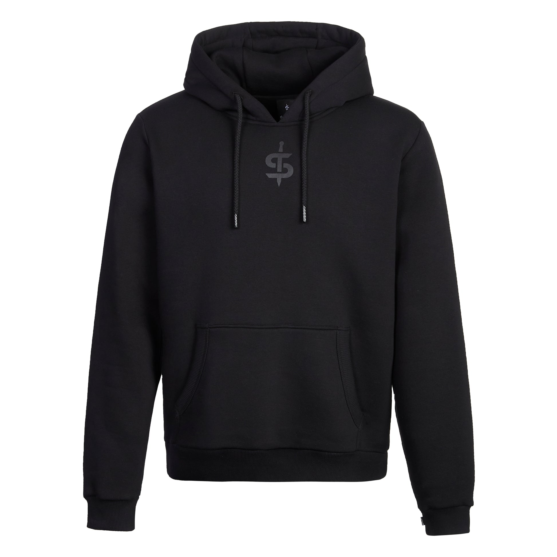 Black hoodie with 'S S' logo on the front and back, featuring a kangaroo pocket on the front and an ergonomic hood.