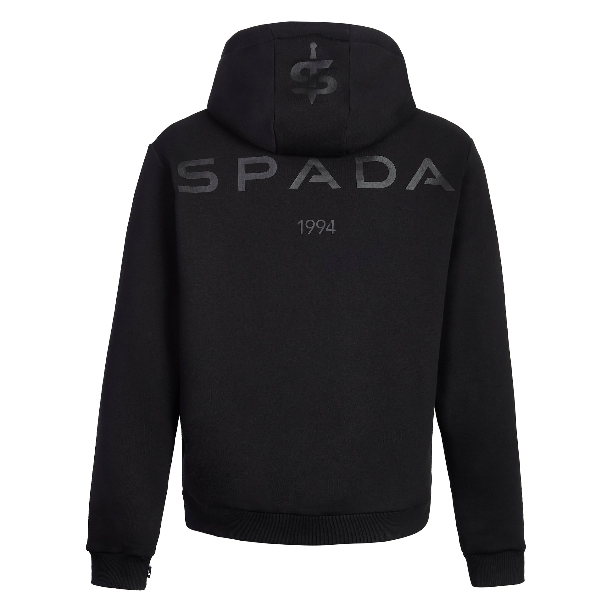 back of black spada hoodie with black spada branding