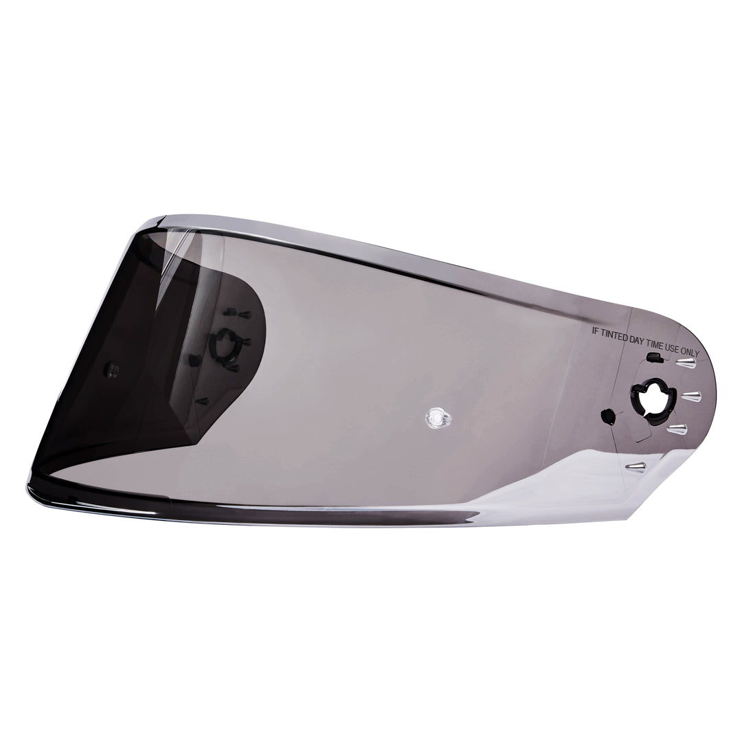 A gray tinted motorbike helmet visor.