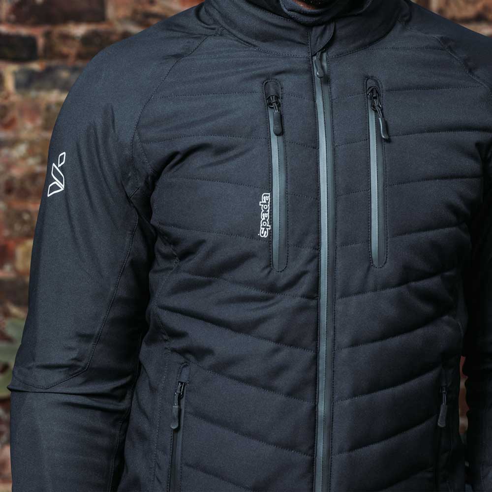 closeup of design and zips of black quilted motorcycle jacket for men