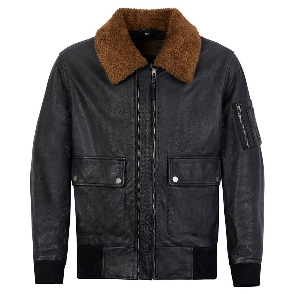 Front view of Turbine black leather motorcycle jacket for men – full grain leather with removable faux fur collar