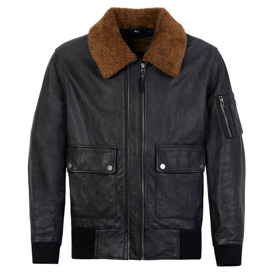 Front view of Turbine black leather motorcycle jacket for men – full grain leather with removable faux fur collar