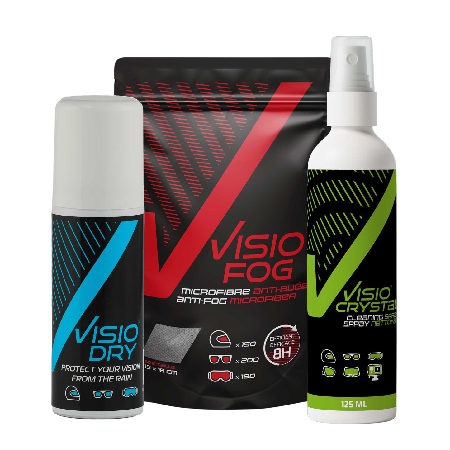 Three Visio Fog products including a can, a bag, and a spray bottle on a white background.