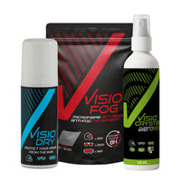 Three Visio Fog products including a can, a bag, and a spray bottle on a white background.