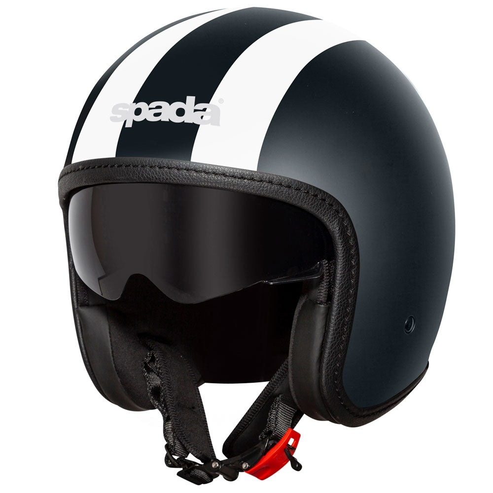 black open face motorbike helmet with white stripe across middle and tinted visor
