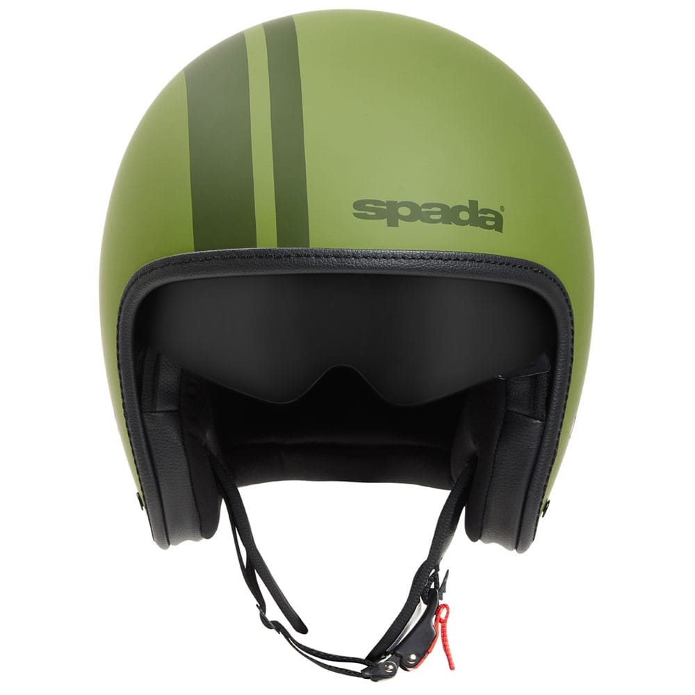 front of matt green open face motorbike helmet