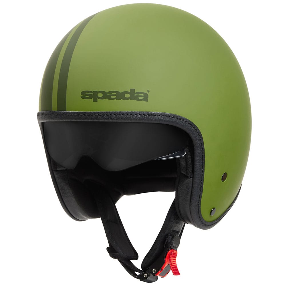 side view of matt green open face motorbike helmet