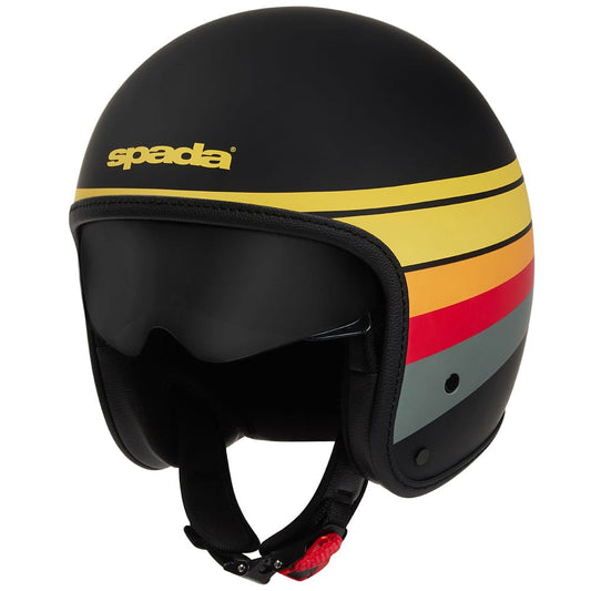 side view of black and multicoloured open face motorbike helmet with tinted visor