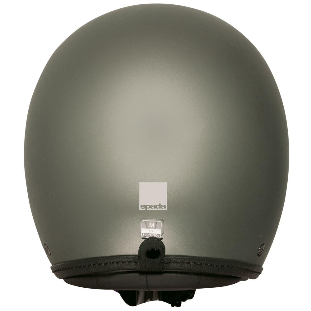 back of matte olive green motorbike helmet