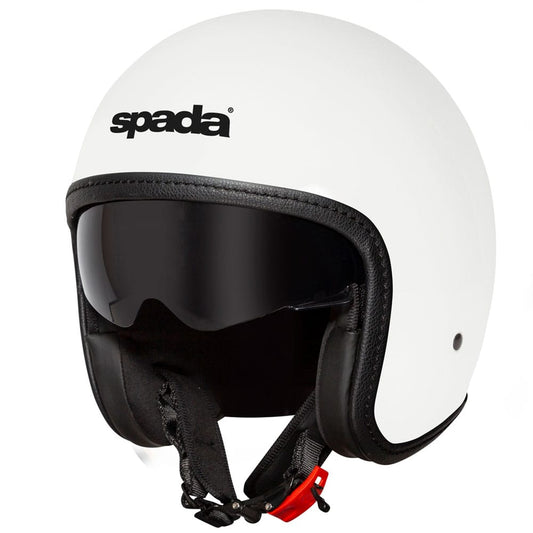 side view of pearl white open face motorbike helmet with tinted visor