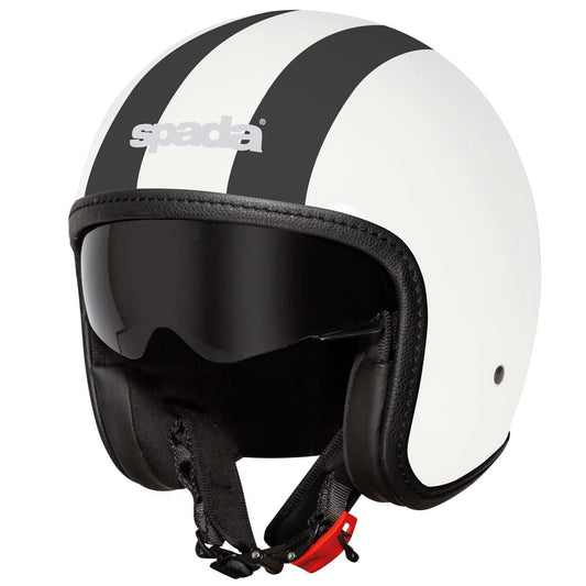 white open face motorbike helmet with black stripe in middle with tinted visor