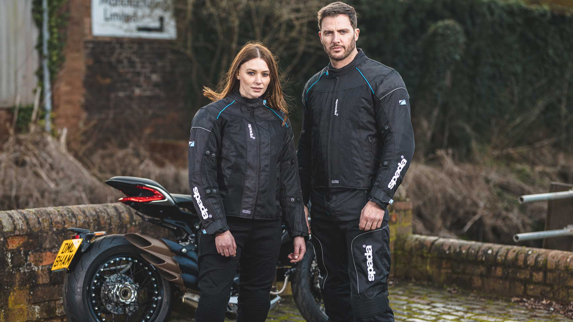 couples matching motorcycle jackets and trousers