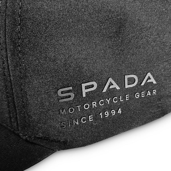 closeup of logo on black cap reads spada motorcycle gear since 1994
