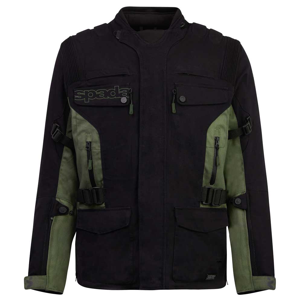 front of black and green waterproof adventure motorcycle jacket for men