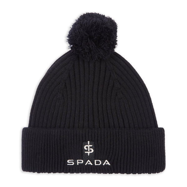 flat lay of black bobble beanie hat with white branding