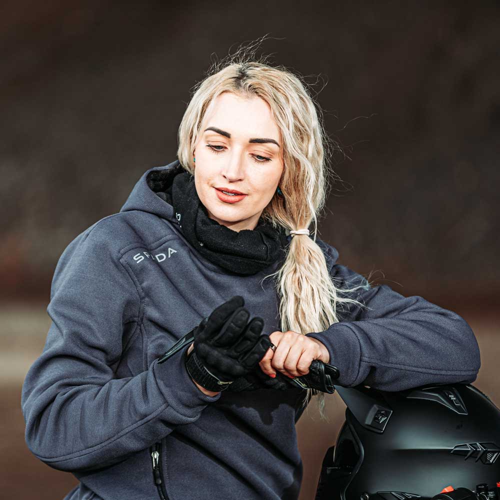 female biker wearing grey motorcycle protective hoodie for women