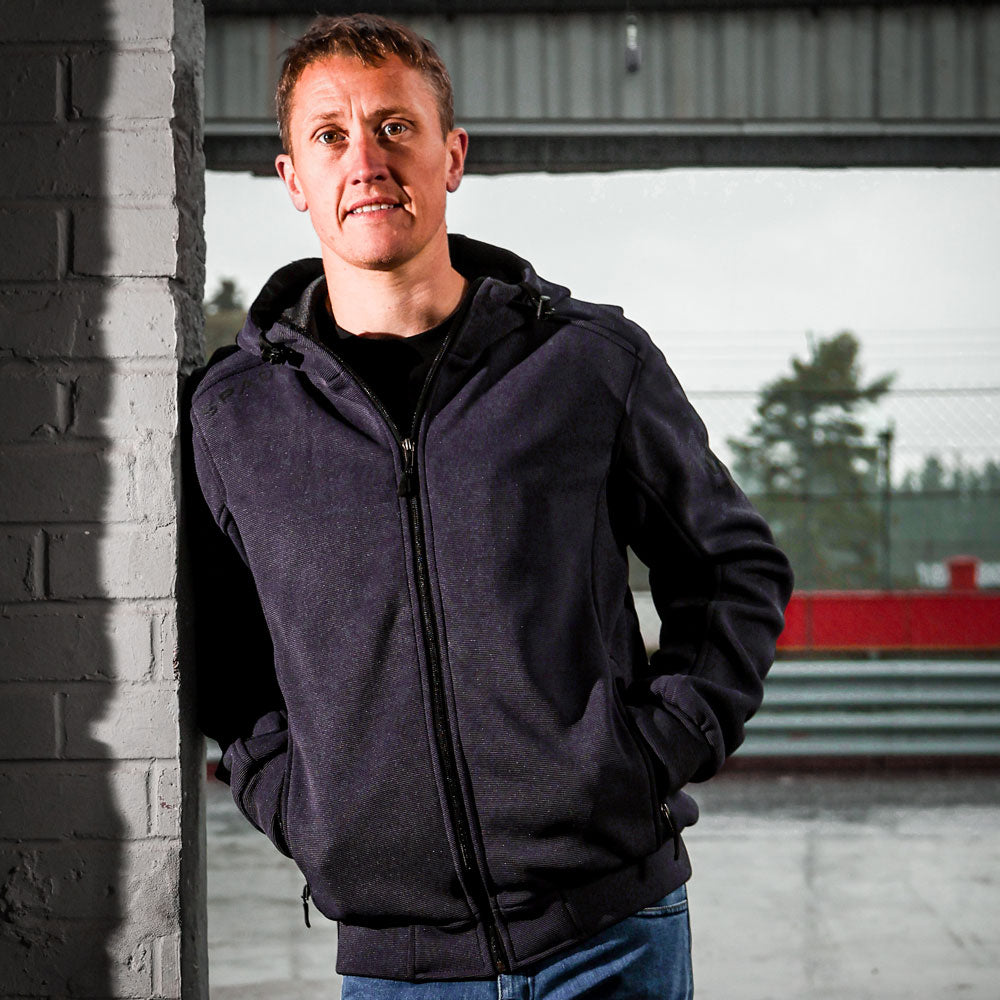 TT racer Dean Harrison wearing Blade Grey zip-up motorbike hoodie – proven rider style with protection and performance