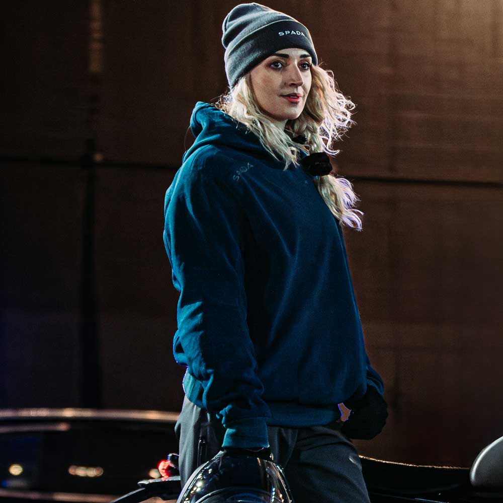 womens blue motorcycle hoodie nd grey beanie