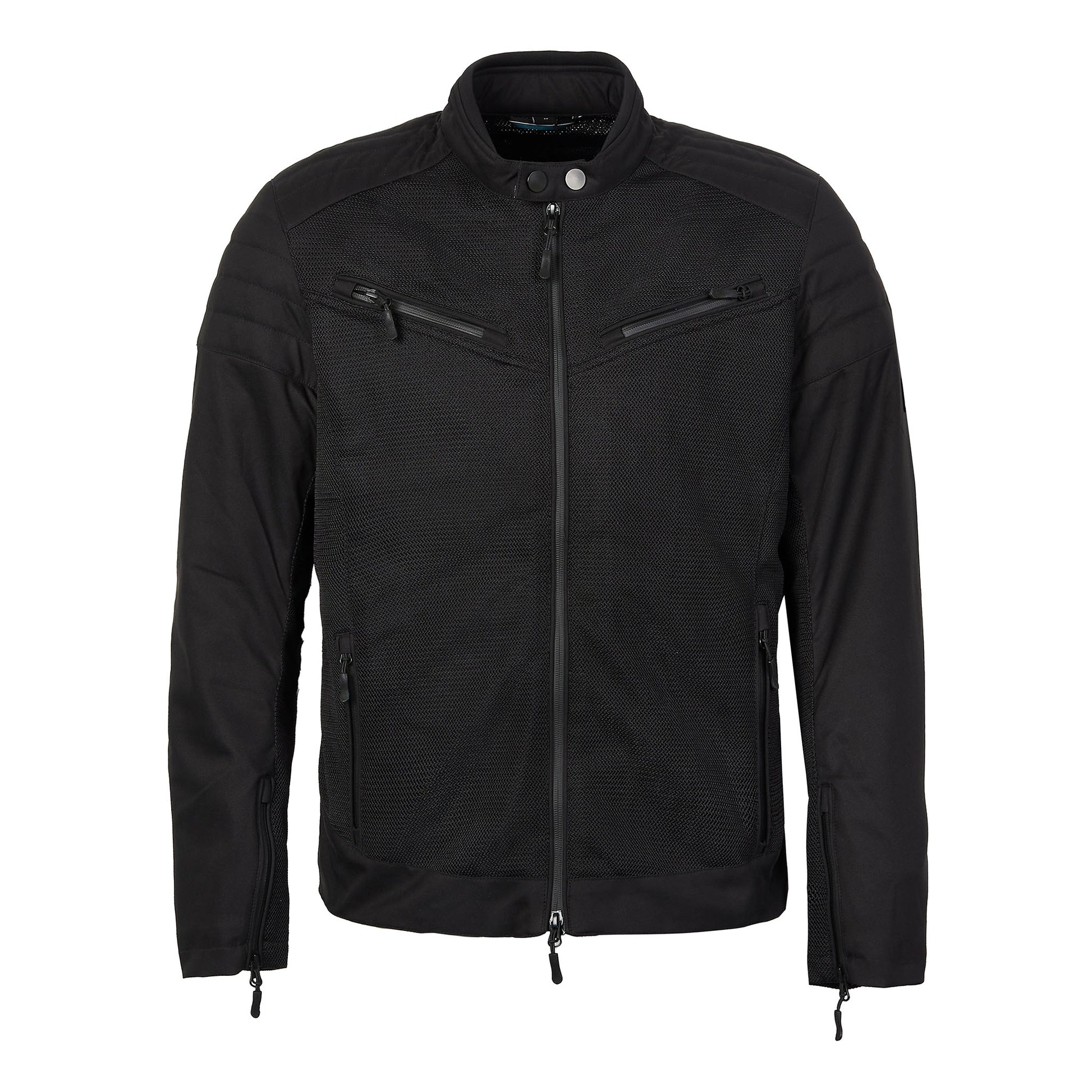Front view of Cafe Air lightweight black motorcycle jacket for men with CE Level AA protection and mesh ventilation