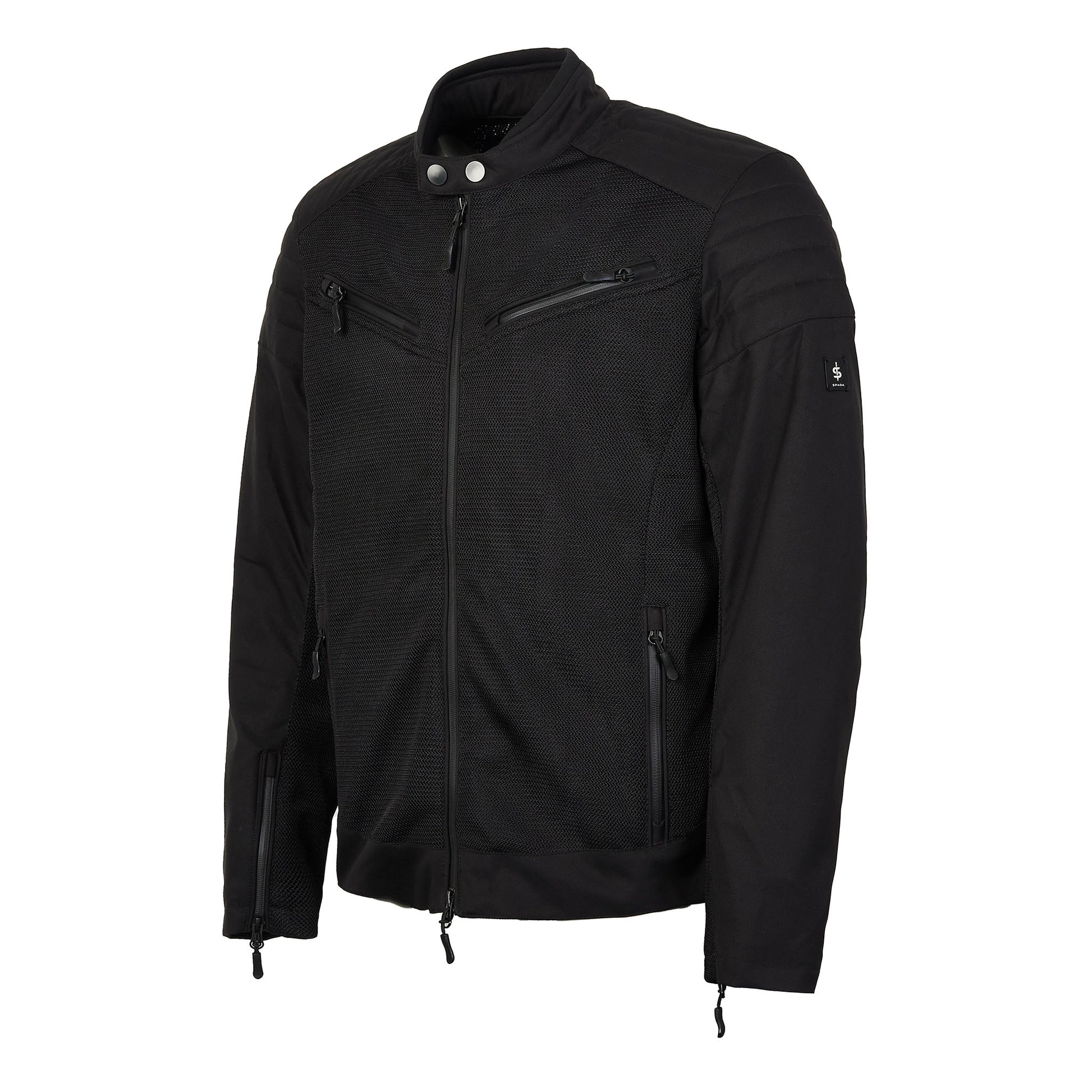 Side view of black Cafe Air motorcycle jacket showing ergonomic fit and mesh fabric for breathability