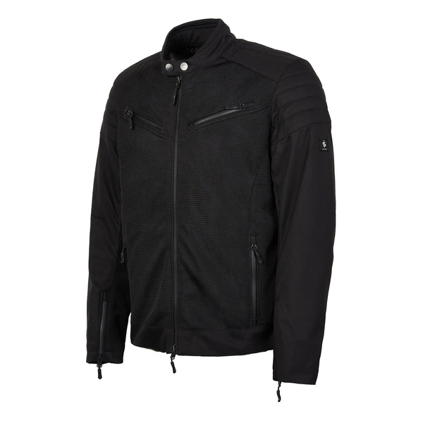 Side view of black Cafe Air motorcycle jacket showing ergonomic fit and mesh fabric for breathability