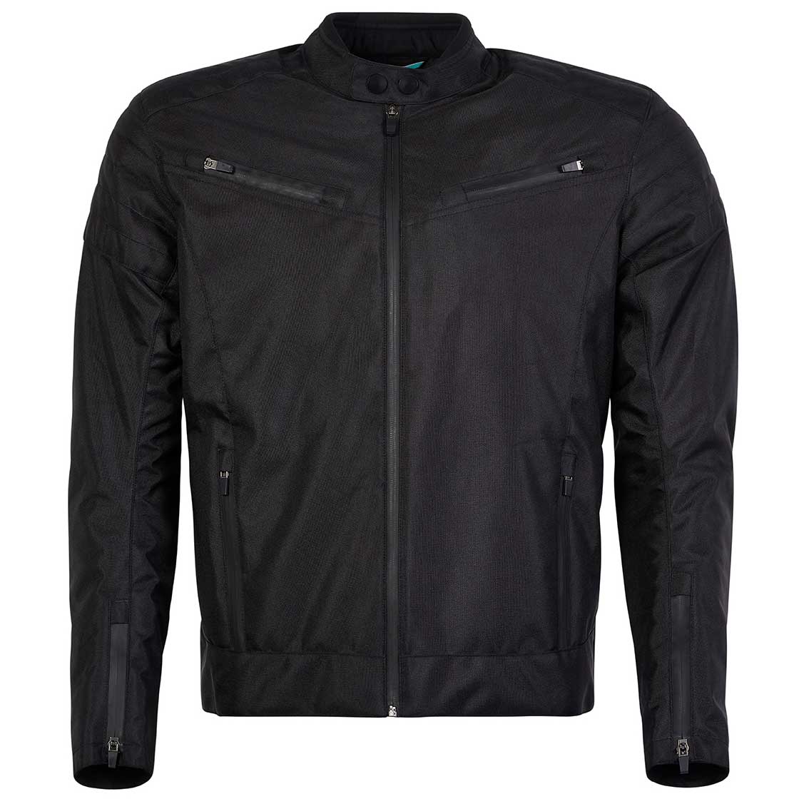 front of black waterproof motorcycle jacket for men in cafe racer style