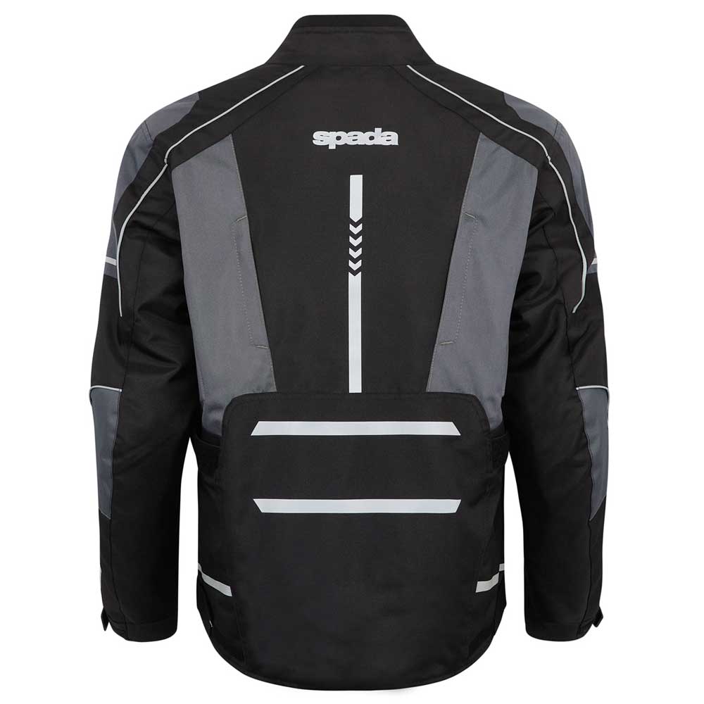 back of black and grey motorbike jacket with reflective strips