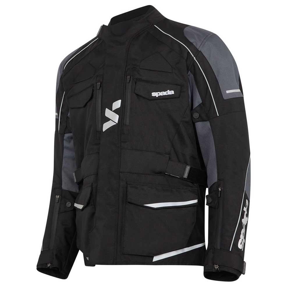 Side profile of waterproof motorcycle jacket featuring arm venting and zip-hoop closures.