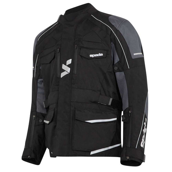 Side profile of waterproof motorcycle jacket featuring arm venting and zip-hoop closures.