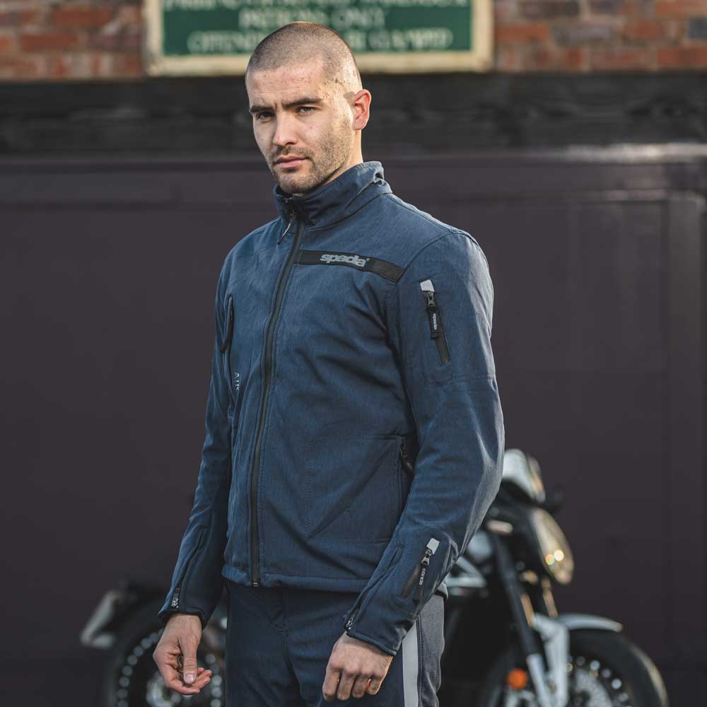 biker wearing zip up blue motorcycle jacket for men