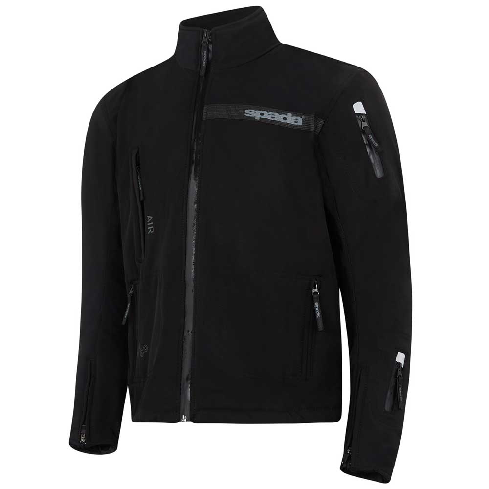 side view of black spada motorcycle jacket with large storage pockets